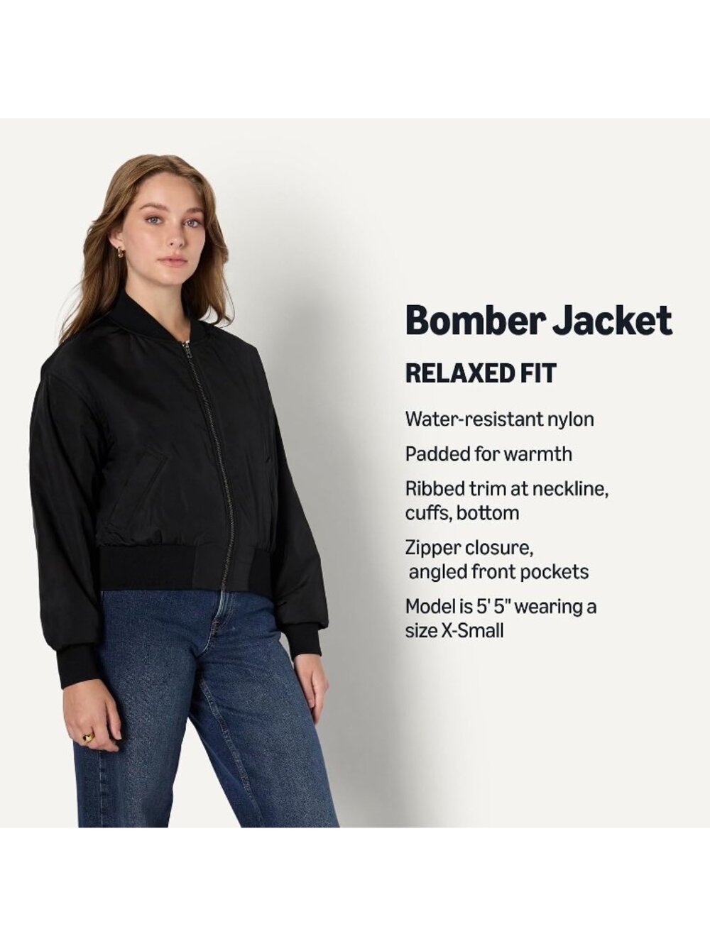 〽️Women's Black Relaxed Denim Bomber Jacket Padded Stretch Denim Coat - Picture 2 of 6